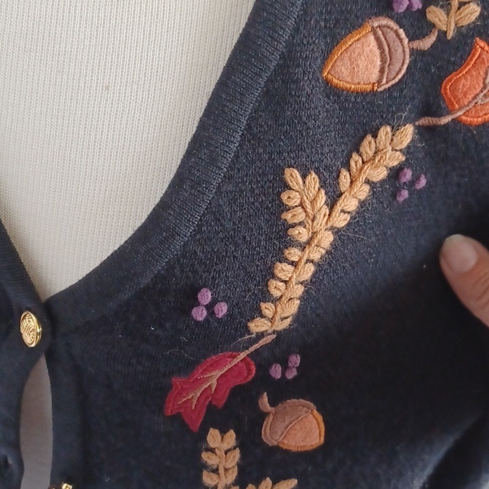 Vintage Crystal Kobe Sz M Fall Sweater Vest Black Acorn Leaves Embroidered - Picture 6 of 6